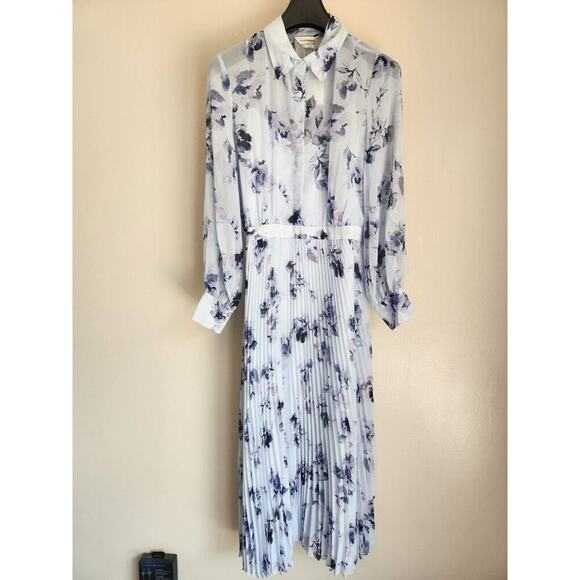 NWD Club Monaco Pleated Maxi Shirt Dress Size 10 Blue Floral Sold Out 9F404 - Picture 2 of 16
